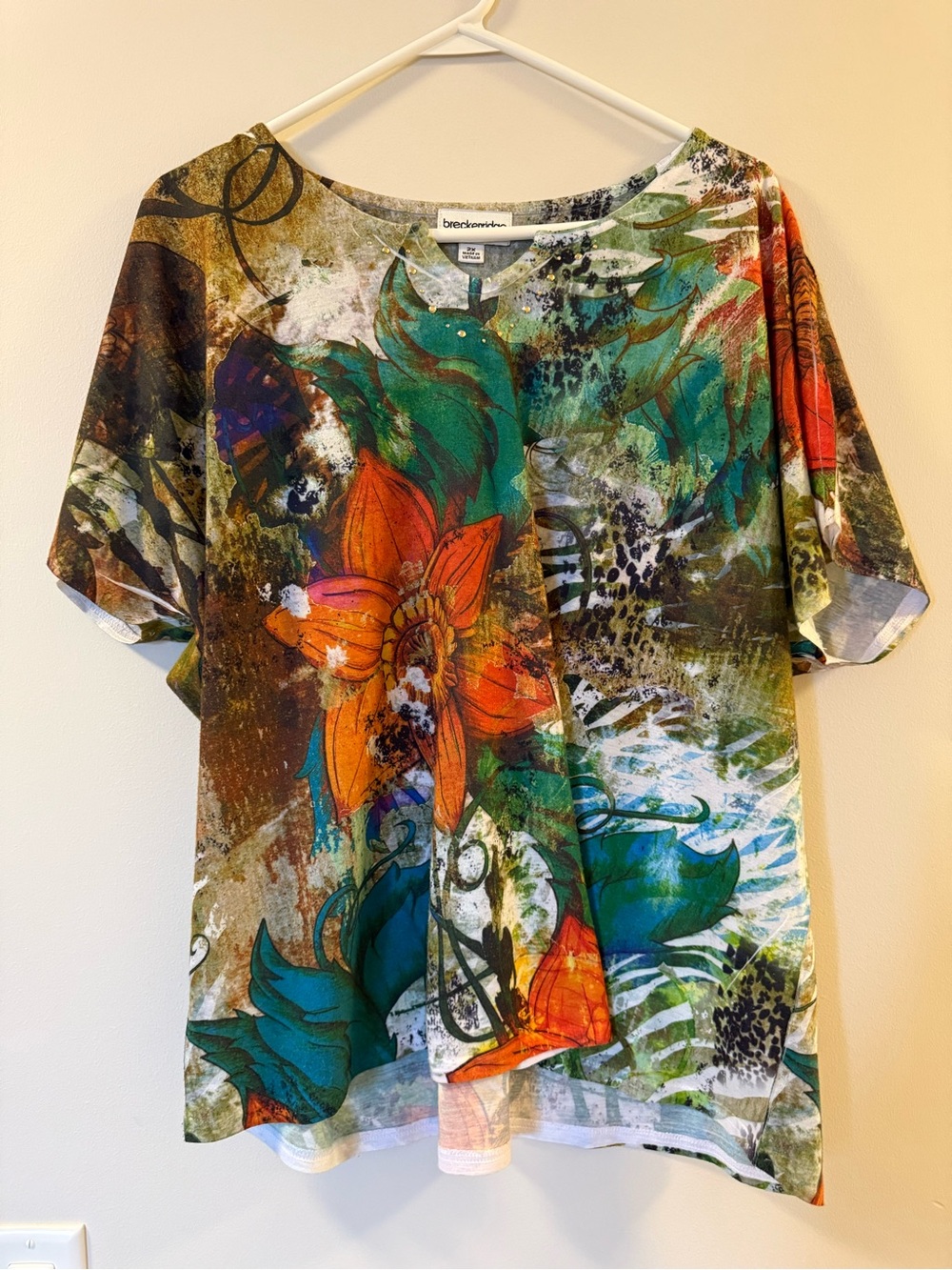 breckenridge Vibrant Floral Short Sleeve Top - Green & Orange